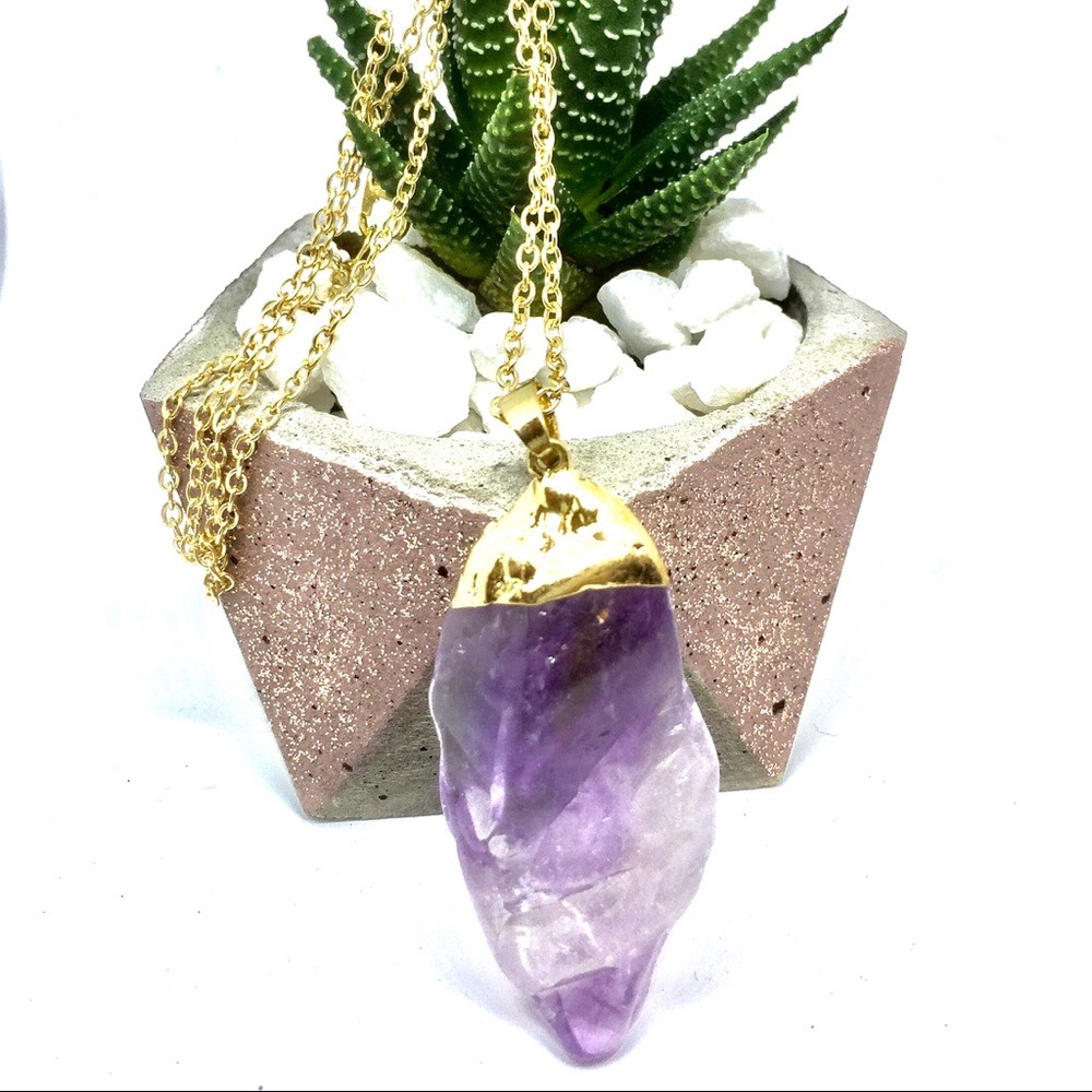 Amethyst raw quartz stone gold dipped necklace